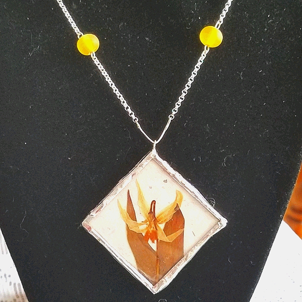 Pressed yellow avalanche lily pendant necklace